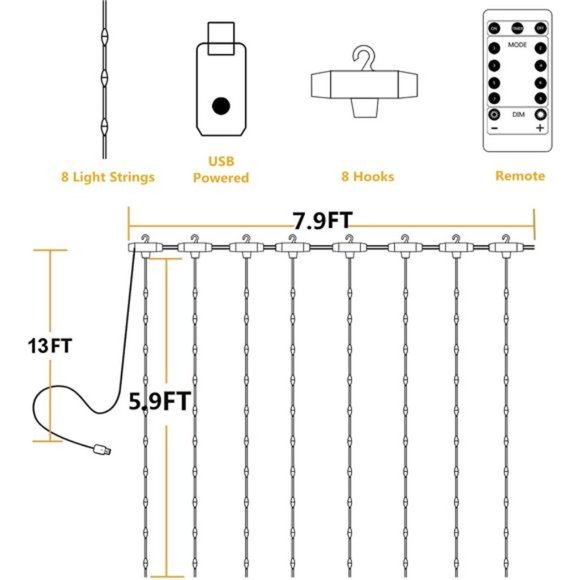 String Lights Curtain USB Powered Fairy Lights for Bedroom Wall Party 8 Modes - Picture 3 of 7